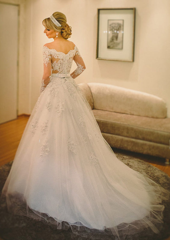 Off Shoulder Chapel Tulle Long Sleeve Bridal Ball Gown 