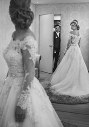 Off Shoulder Chapel Tulle Long Sleeve Bridal Ball Gown 