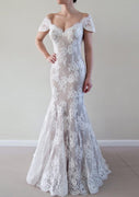Off Shoulder Court Train Ivory Lace Mermaid Wedding Dress