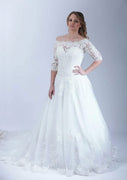 Off Shoulder Half Sleeve Lace Tulle Chapel A-line Wedding Dress, Buttons