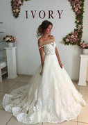 Off Shoulder Illusion Neck Court Train Lace Tulle Wedding Dress
