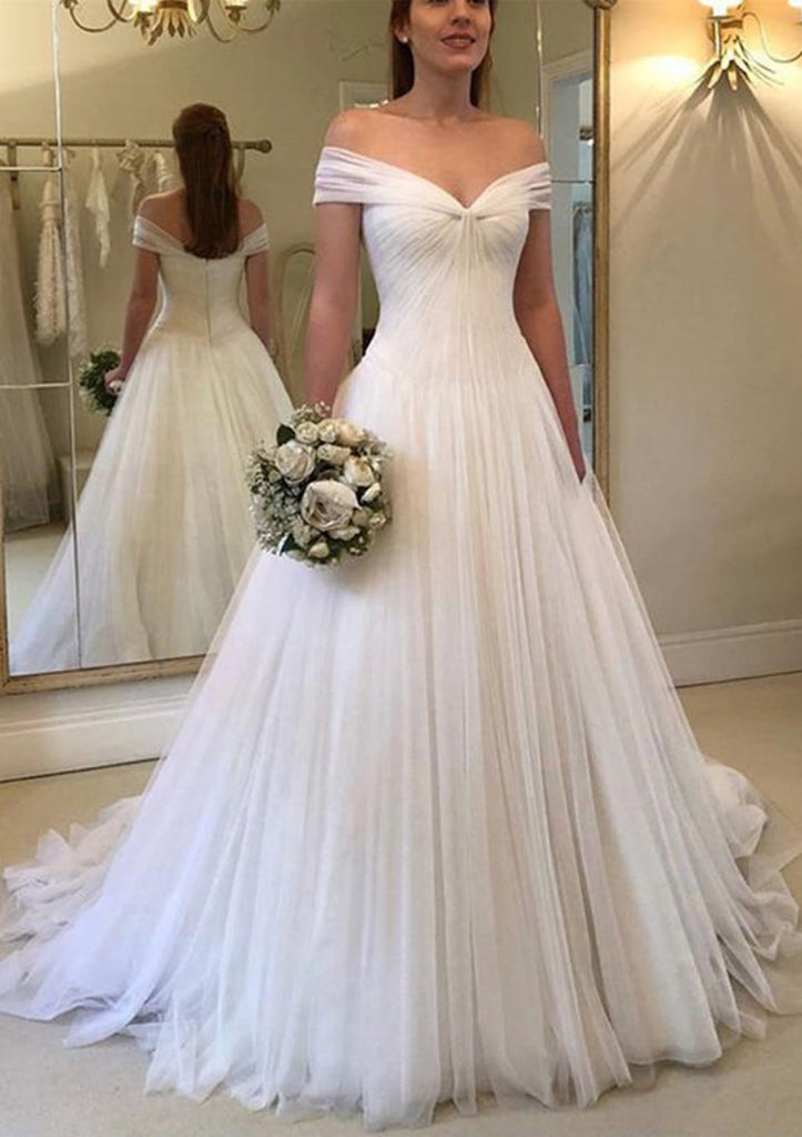 Off Shoulder Knot Open V Neck Sweep Tulle A-line Bridal Dress, Pleats - Princessly Off Shoulder Knot Open V Neck Sweep Tulle A-line Bridal Dress, Pleats - Princessly
