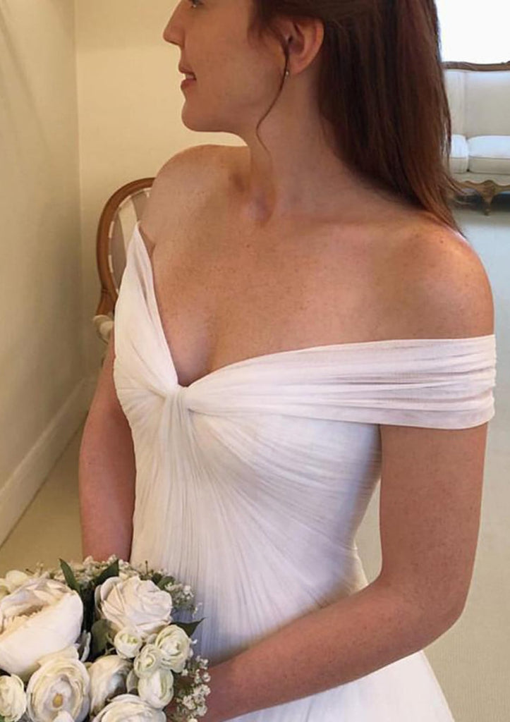 Off Shoulder Knot Open V Neck Sweep Tulle A-line Bridal Dress, Pleats Off Shoulder Knot Open V Neck Sweep Tulle A-line Bridal Dress, Pleats