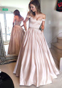 Off Shoulder Long Satin Formal Ball Gown Evening Prom Dress, Beaded