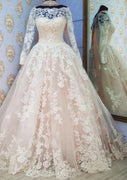 Off Shoulder Long Sleeve Ball Gown Lace Chapel Wedding Dress, Sash