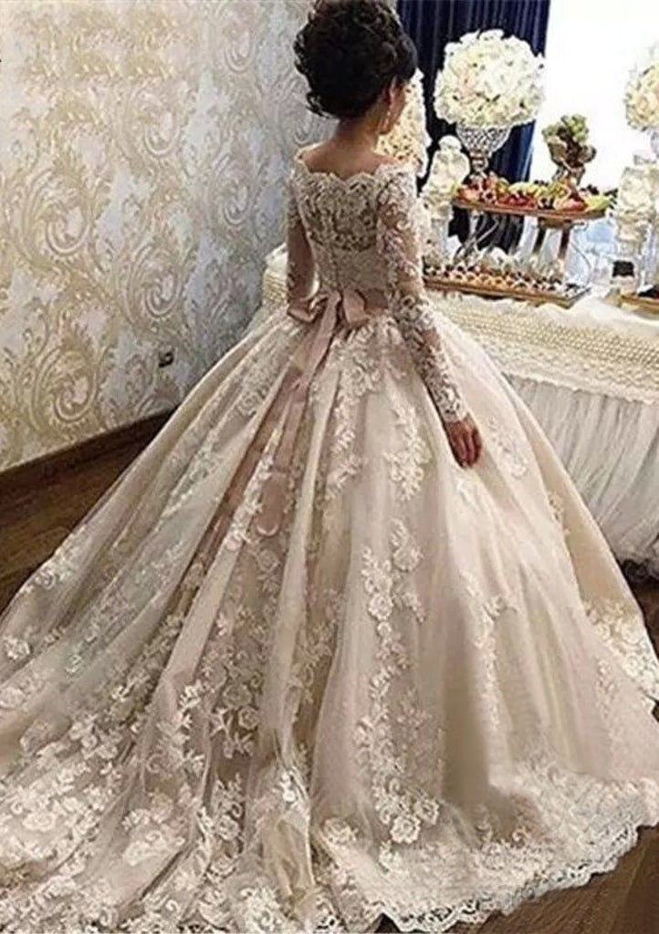 Off Shoulder Long Sleeve Ball Gown Lace Chapel Wedding Dress