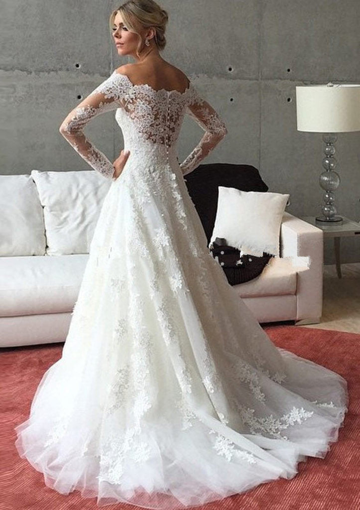 Off Shoulder Long Sleeve Court Lace Tulle Wedding Dress 