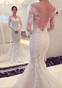Off Shoulder Long Sleeve Illusion Back Lace Mermaid Wedding Dress