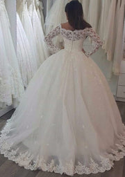 Off Shoulder Long Sleeve Sweep Lace Ball Gown Wedding Dress 