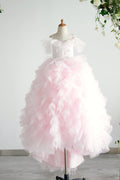 Vestido de niña de las flores de la boda del vestido de bola de tul de encaje de lunares rosa con hombros descubiertos