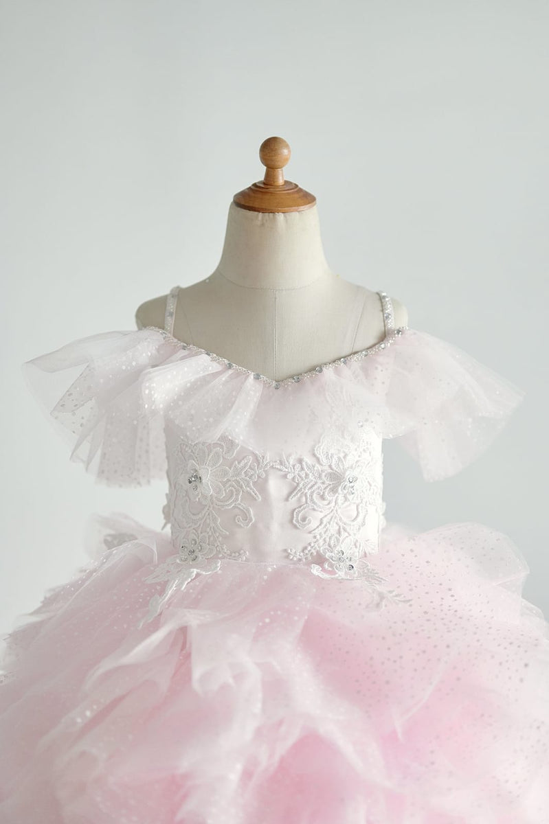 Off Shoulder Pink Polka Dot Lace Tulle Ball Gown Wedding Flower Girl D ...