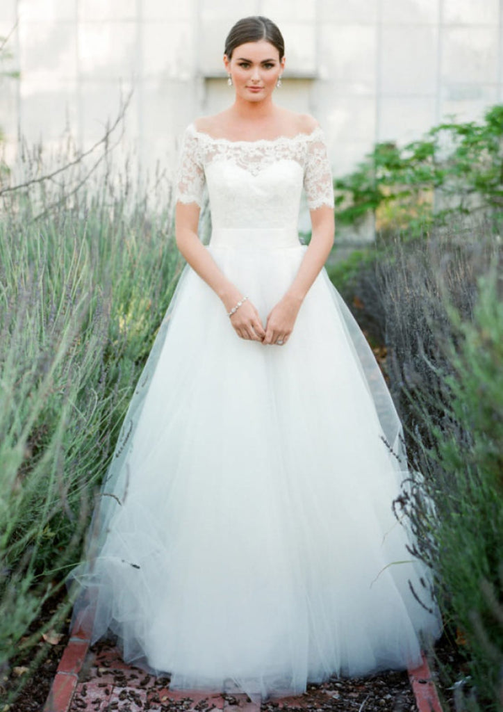 Off Shoulder Short Sleeve Long Lace Tulle Princess Wedding Dress, Buttons Off Shoulder Short Sleeve Long Lace Tulle Princess Wedding Dress, Buttons