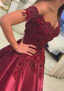 Off Shoulder Sweetheart Beaded Burgundy Satin Ball Gown Prom Dress