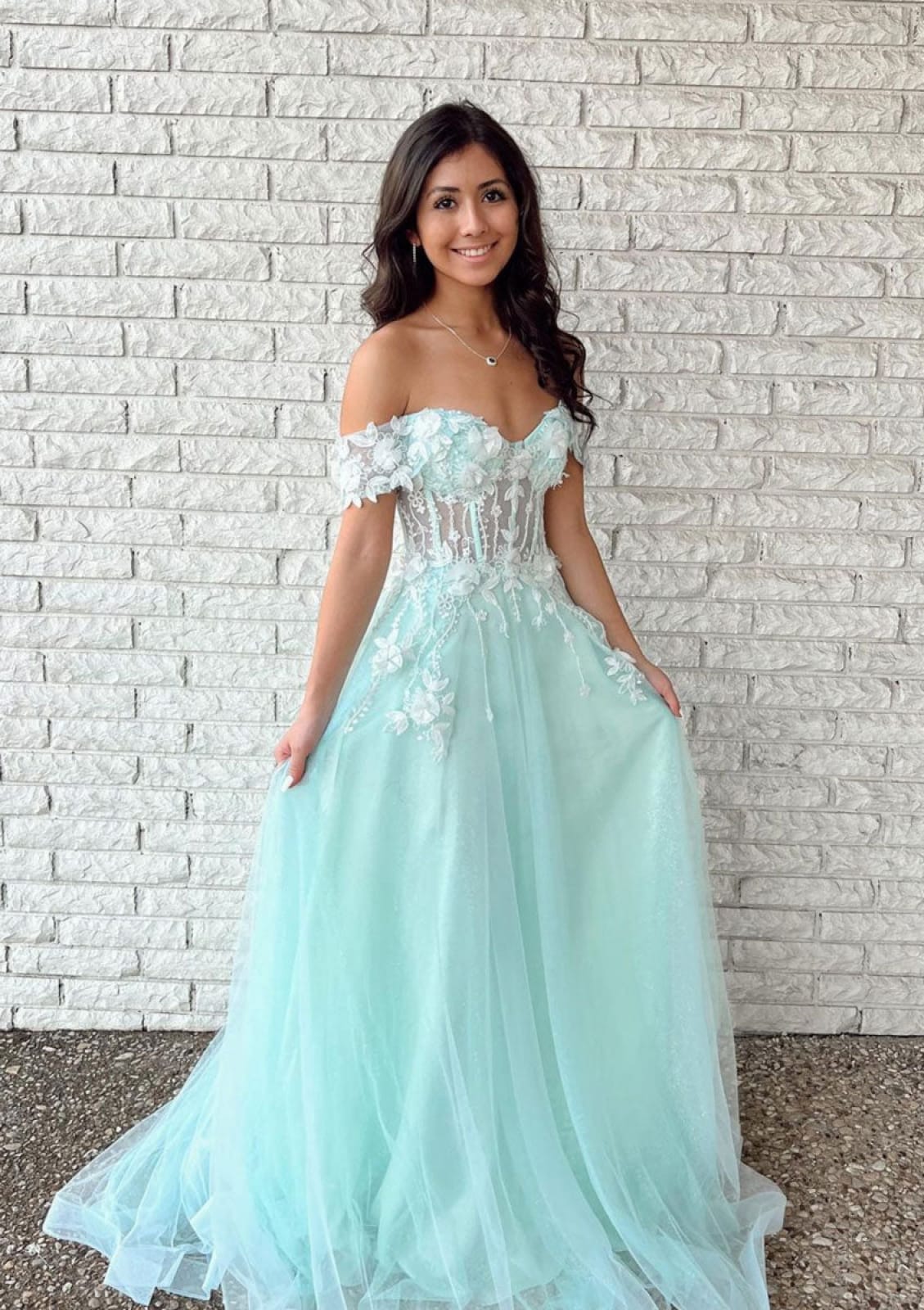 Off Shoulder Sweetheart A-line Illusion Floor-Length Aqua Lace Tulle Prom Dress Off Shoulder Sweetheart A-line Illusion Floor-Length Aqua Lace Tulle Prom Dress