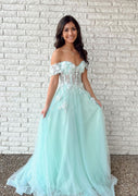 Off Shoulder Sweetheart A-line Illusion Floor-Length Aqua Lace Tulle Prom Dress