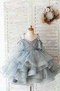 Серебристо-серый блестящий тюль на бретельках с V-образным вырезом на спине, свадебное платье с цветочным узором для девочек, детская вечеринка