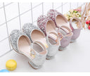 Zapatos de tacón alto con diamantes de imitación plateados/rosas para bebés y niños, zapatos de fiesta de princesa, zapatos de boda para niñas con flores