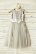 Silver Sequin Gray Tulle Flower Girl Dress