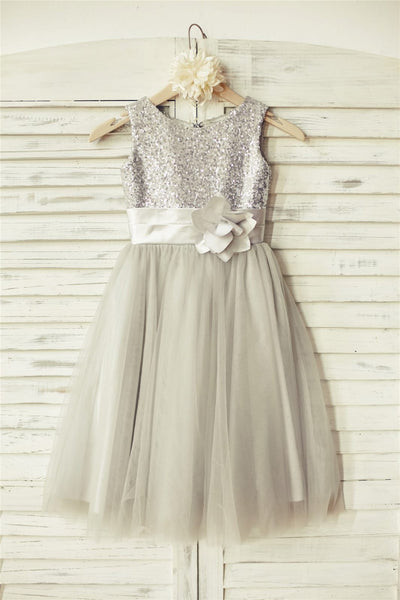 Silver Sequin Gray Tulle Flower Girl Dress - 2T / Silver