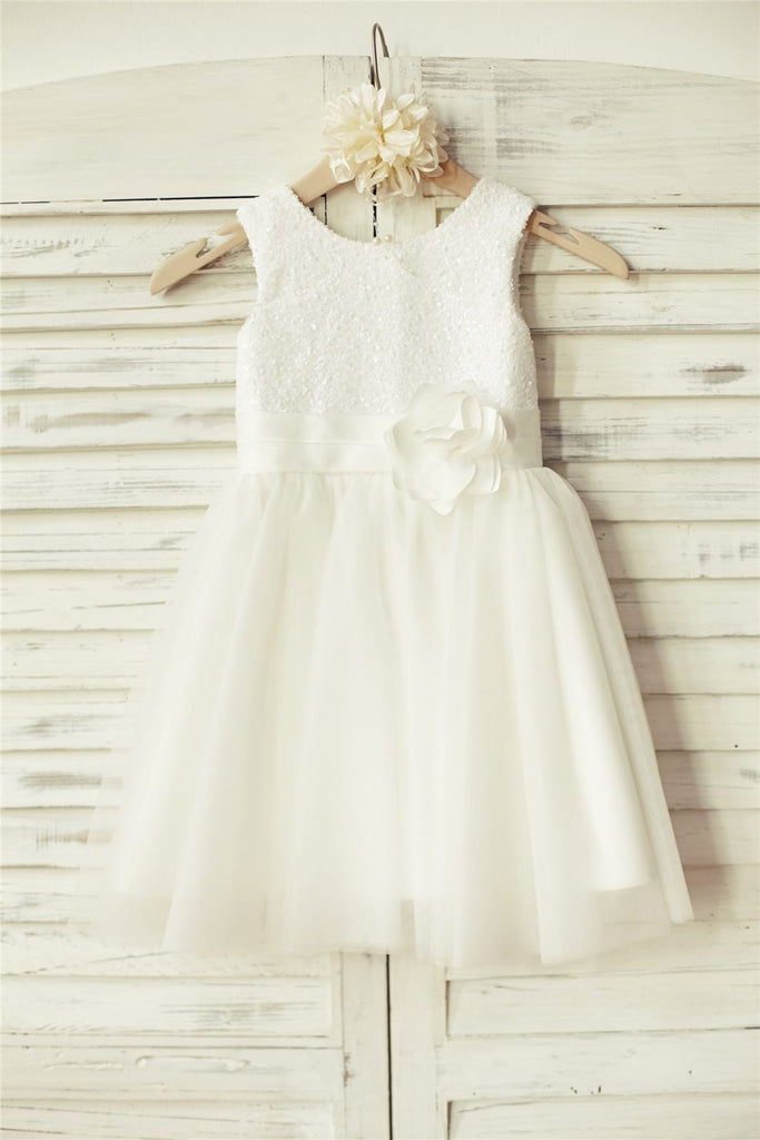 Silver Sequin Gray Tulle Flower Girl Dress - 2T / Ivory