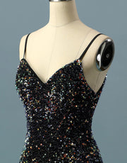 Simple Black Sequin Spaghetti Straps V Back Short Homecoming