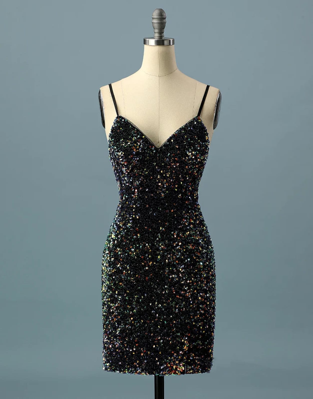 Simple Black Sequin Spaghetti Straps V Back Short Homecoming Dress US 10 / Black Simple Black Sequin Spaghetti Straps V Back Short Homecoming Dress US 10 / Black