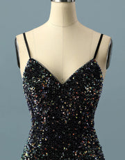 Simple Black Sequin Spaghetti Straps V Back Short Homecoming