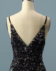 Simple Black Sequin Spaghetti Straps V Back Short Homecoming