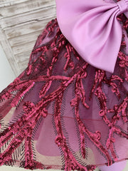 One Shoulder Single Sleeves Fuchsia Sequin Satin Wedding 