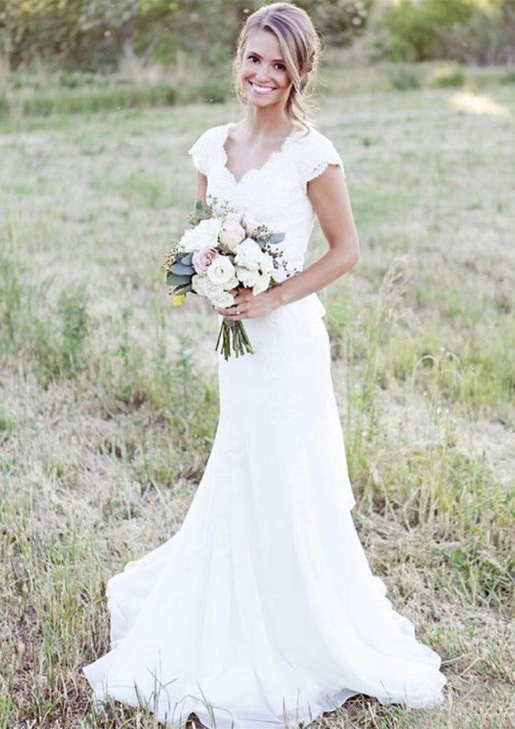 Cap Sleeve Mermaid Lace Chiffon Wedding Dress, Sash Buttons Cap Sleeve Mermaid Lace Chiffon Wedding Dress, Sash Buttons