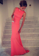 Sleeveless Bateau Jersey Backless Sweep Mermaid Prom Evening Dress