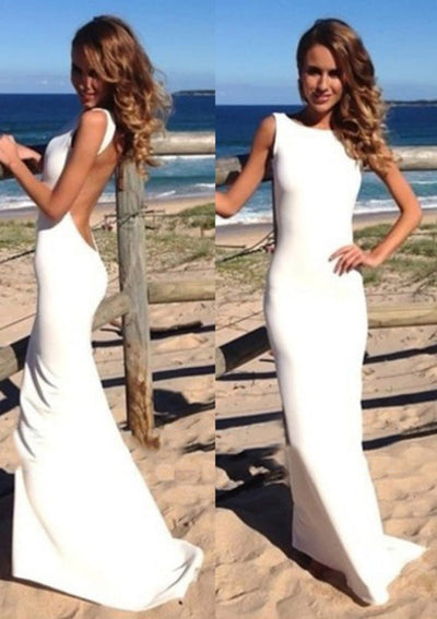 Sleeveless Bateau Jersey Backless Long Sweep Train Mermaid 