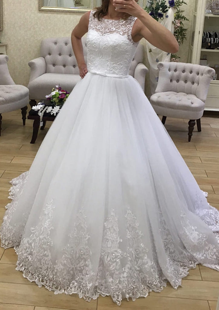 Sleeveless Bateau A-line Lace Tulle Floor Length Sweep Wedding Dress - Princessly Sleeveless Bateau A-line Lace Tulle Floor Length Sweep Wedding Dress - Princessly