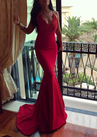 Sleeveless Court Train Red Elastic Satin Formal Mermaid Gown