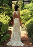 Sleeveless Keyhole Sweep Champagne Lace Column Wedding Dress, Sash