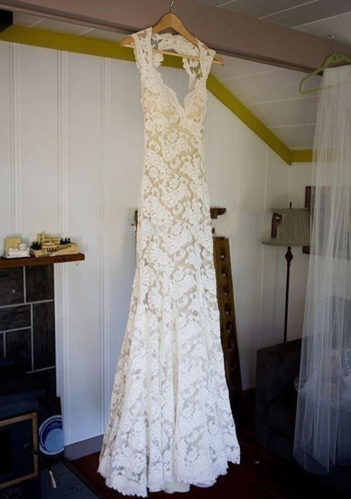 Sleeveless Keyhole Sweep Champagne Lace Column Wedding Dress