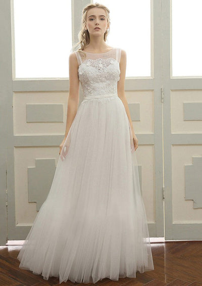 Tulle Wedding Dress A-Line Illusion Bateau Lace Pleats 