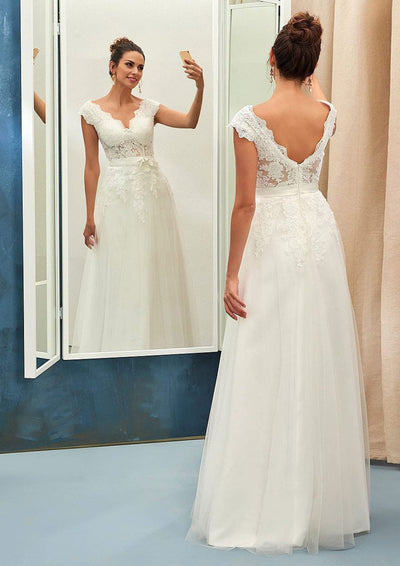 Tulle Wedding Dress A-Line Scalloped Neck Floor-Length Lace 