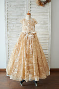 Свадебное платье из тюля с короткими рукавами и V-образным вырезом сзади с золотыми пайетками для девочек-цветочниц