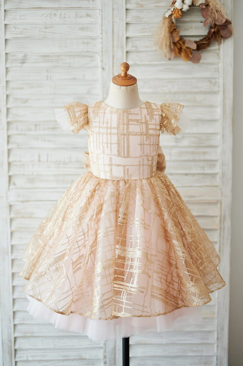 Champagne Sequin V-Neck Puffy Flower Girl Dress