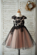 Cap Sleeves Black Lace Tulle Mauve Lining Wedding Flower Girl Dress