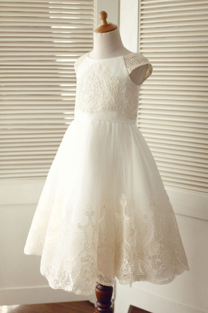 Cap Sleeves Champagne Lace Ivory Tulle Wedding Flower Girl 