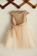 Свадебное платье из тюля с короткими рукавами и пайетками цвета шампанского для девочек-цветочниц