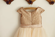 Cap Sleeves Champagne Sequin Tulle Wedding Flower Girl Dress