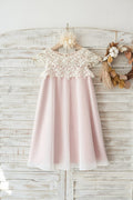 Flügelärmel Elfenbein Spitze Chiffon Rosa Futter Hochzeit Blumenmädchenkleid