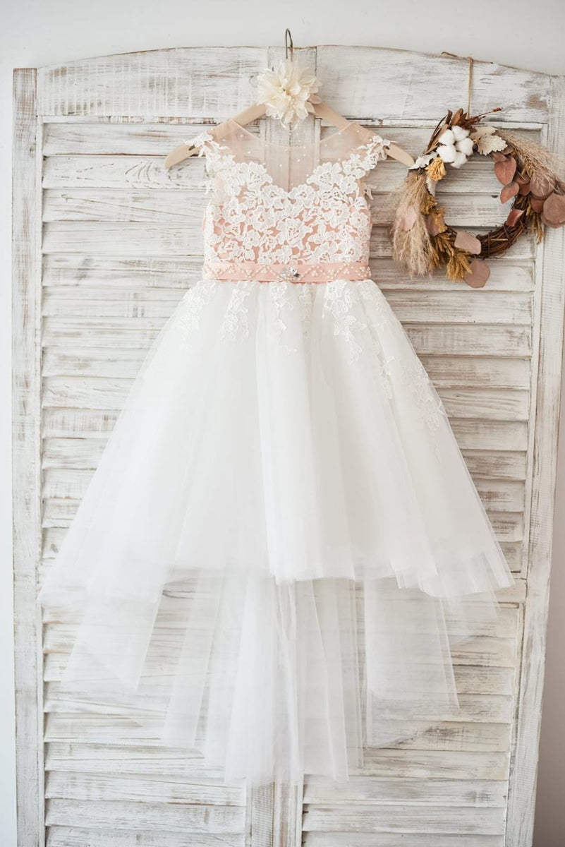 Ivory Lace Pink Tulle Wedding Party Flower Girl Dress, Butterfly Cape