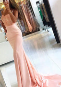 Spaghetti Strap Sweetheart Beaded Pearl Pink Mermaid Satin Evening Gown