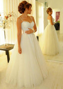 Spaghetti Strap Sweetheart Pleated A-line Tulle Bridal Gown, Beaded Sash