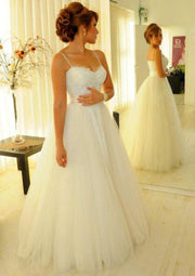 Spaghetti Strap Sweetheart Pleated A-line Tulle Bridal Gown 