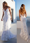 Spaghetti Straps Backless Fishtail Ivory Satin Lace Mermaid Wedding Dress Bridal Gown